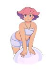  1girl absurdres ball bandeau bent_over cloudxmoe colored_inner_hair commentary dark-skinned_female dark_skin english_commentary glimmer_(she-ra) grey_shorts halterneck highres looking_at_viewer multicolored_hair pink_hair plump purple_eyes purple_hair she-ra_and_the_princesses_of_power short_hair shorts signature smile solo thick_arms two-tone_hair 