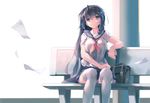  bag bench black_eyes black_hair hair_ornament hairclip holding huanxiang_huifeng long_hair md5_mismatch original paper pole school_bag school_uniform sitting skirt solo thighhighs white_legwear 