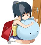  backpack bad_id bad_pixiv_id bag black_hair brown_eyes cameo child hatsune_miku hug long_hair original ponytail randoseru sitting solo stuffed_toy tamakorogashi vocaloid 