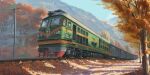  autumn autumn_leaves highres mountain mountainous_horizon no_humans original painting_(medium) power_lines railroad_tracks scenery shouhui_lang_qun traditional_media train tree utility_pole vehicle_focus 