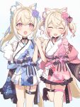  2girls absurdres animal_ear_fluff animal_ears belt black_collar black_sash blonde_hair blue_belt blue_hair blue_kimono blush breasts closed_eyes collar dog_ears dog_girl dog_tail fang fangs floral_print_kimono flower fuwawa_abyssgard fuwawa_abyssgard_(new_year) hair_flower hair_ornament highres holding_hands hololive hololive_english japanese_clothes kimono large_breasts long_hair looking_at_viewer medium_hair mococo_abyssgard mococo_abyssgard_(new_year) multicolored_hair multiple_girls nekomotowata obi official_alternate_costume open_mouth pink_belt pink_eyes pink_hair pink_kimono ponytail sash short_kimono siblings sisters skin_fang skin_fangs small_breasts spiked_collar spikes streaked_hair tail thigh_strap twins twintails virtual_youtuber white_background 