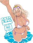  1girl :d arm_up arms_up bikini blonde_hair blush breasts brown_eyes dark_skin dated gyaru large_breasts navel original puuyan side-tie_bikini_bottom smile standing sunglasses swimsuit tan water white_bikini 