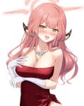  1girl aru_(blue_archive) aru_(dress)_(blue_archive) blue_archive blush breasts brown_horns cleavage demon_horns dress earrings gloves habu_rin halo highres horns jewelry large_breasts long_hair looking_at_viewer necklace open_mouth pink_hair pink_halo red_dress simple_background strapless strapless_dress textless_version upper_body white_background white_gloves yellow_eyes 