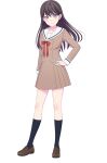 1girl bang_dream! bang_dream!_it&#039;s_mygo!!!!! black_hair black_socks bow bowtie breasts brown_dress brown_footwear closed_mouth collarbone dress full_body hanasakigawa_school_uniform hand_on_own_hip highres kneehighs loafers long_hair long_sleeves looking_at_viewer medium_breasts mole mole_under_eye official_art pleated_dress purple_eyes red_bow red_bowtie sailor_collar sailor_dress school_uniform shiina_taki shoes simple_background socks solo tachi-e transparent_background white_sailor_collar 