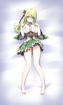  bad_id bad_pixiv_id bare_legs bare_shoulders barefoot breasts detached_collar detached_sleeves dress dress_lift elf elsword flower green_eyes green_hair green_sleeves hair_flower hair_ornament hair_ribbon highres kuro_(kuronell) large_breasts long_hair looking_at_viewer lying open_mouth panties pointy_ears rena_(elsword) ribbon side_ponytail solo striped striped_panties underwear undressing wind_sneaker_(elsword) 