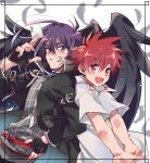  2boys arm_belt belt black_jacket blush border character_name cropped_jacket dark_mousy dnangel feathered_wings feathers fingerless_gloves gloves grin highres interlocked_fingers jacket looking_at_viewer male_focus multiple_boys nari-ham niwa_daisuke open_mouth own_hands_together purple_hair red_belt red_eyes red_hair school_uniform short_sleeves smile stretching wings 