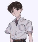  1boy bad_id bad_twitter_id belt collared_shirt highres ikari_shinji light_smile looking_at_viewer male_focus neon_genesis_evangelion school_uniform shirt shirt_tucked_in short_hair short_sleeves simple_background solo ulov390 upper_body white_background white_shirt 