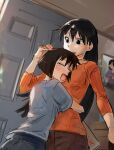  2girls :d absurdres arms_around_waist azumanga_daioh black_hair blue_pants blunt_ends blush bob_cut breasts brown_hair brown_pants casual closed_eyes commentary cuddling denim door dutch_angle english_commentary grey_shirt hair_between_eyes hand_on_another&#039;s_chest hand_on_another&#039;s_head height_difference highres hug indoors inverted_bob jeans kaori_(azumanga_daioh) liamickpie long_hair long_sleeves looking_at_another looking_down medium_breasts multiple_girls open_mouth orange_sweater pants parted_lips raised_eyebrows ribbed_sweater sakaki_(azumanga_daioh) shirt short_sleeves sketch smile sweater t-shirt tearing_up upper_body very_long_hair yuri 