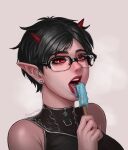  1girl adoohay artist_name bare_shoulders black_hair demon_girl earrings food glasses grey_background highres horns ice_cream jewelry licking original pointy_ears portrait red_eyes red_horns semi-rimless_eyewear shiny_skin short_hair simple_background solo teeth tongue tongue_out upper_teeth_only 