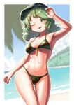  1girl ;d armpits bare_shoulders beach bikini camouflage camouflage_bikini camouflage_headwear commentary_request commission contrapposto creape fingernails flat_cap green_eyes green_hair green_headwear groin hand_up hat highres key looking_at_viewer medium_hair navel ocean one_eye_closed open_mouth outdoors skeb_commission smile solo stomach string_bikini swimsuit thigh_gap touhou twisted_torso wavy_hair yamashiro_takane 