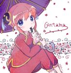  1girl blue_eyes blush bun_cover character_name chinese_clothes commentary_request copyright_name double_bun eating feet_out_of_frame gintama hair_bun hair_ornament holding holding_umbrella kagura_(gintama) kiato knees_up long_sleeves looking_at_viewer mouth_hold oil-paper_umbrella orange_hair pants parasol purple_umbrella red_hair red_pants red_shirt shirt short_hair sitting solo star_(symbol) tassel umbrella w white_background 