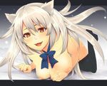  animal_ears bad_id bad_pixiv_id black_hanekawa black_legwear breasts brown_eyes cat_ears fangs hanekawa_tsubasa hazakura_sairento long_hair medium_breasts monogatari_(series) nipples silver_hair solo thighhighs tongue 