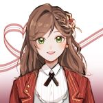  1girl :d brown_hair collared_shirt green_eyes hair_ornament happy_valentine heart highres jacket long_hair long_sleeves looking_at_viewer lsy0416 open_mouth red_jacket rosa_(tears_of_themis) shirt smile solo tears_of_themis valentine white_shirt 