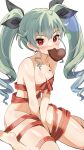  1girl absurdres anchovy_(girls_und_panzer) bare_shoulders barefoot between_legs black_ribbon blaze_(blazeillust) blush breasts candy chocolate chocolate_on_body commentary drill_hair feet food food_in_mouth food_on_body food_on_breasts girls_und_panzer green_hair hair_between_eyes hair_ribbon hand_between_legs heart heart-shaped_chocolate highres long_hair looking_at_viewer medium_breasts mouth_hold naked_ribbon red_eyes red_ribbon ribbon simple_background sitting soles solo twin_drills twintails valentine wariza white_background 
