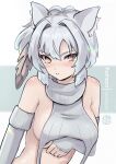  1girl absurdres animal_ears bare_shoulders breasts chascoby commentary elbow_gloves gloves grey_gloves grey_hair hair_intakes highres kobita_(chascoby) large_breasts looking_at_viewer midriff original parted_lips short_hair solo upper_body yellow_eyes 
