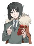  1boy ? black_hair black_necktie brown_cape cape collared_shirt cropped_torso fate/zero fate_(series) fur-trimmed_cape fur_trim gift green_sweater grey_eyes hair_between_eyes highres holding holding_gift looking_at_viewer male_focus necktie parted_lips pointing pointing_at_self shirt short_hair side_cape simple_background solo sweatdrop sweater tokoni_fusu translation_request waver_velvet white_background white_shirt 