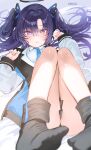  1girl :o artist_name bare_legs black_jacket blazer blue_archive blue_necktie blush feet hair_spread_out halo haruri highres jacket legs_up looking_at_viewer lying necktie on_back purple_eyes purple_hair solo two-sided_fabric two-sided_jacket two_side_up yuuka_(blue_archive) 