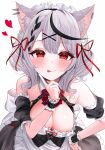  1girl :p animal_ear_hairband animal_ears apron back_bow bare_shoulders black_hair blush bow bowtie braid breasts cat_ear_hairband cat_ears cleavage detached_collar detached_sleeves dress fake_animal_ears finger_to_own_chin frilled_dress frilled_hairband frills grey_hair hair_ornament hairband hand_on_own_hip heart highres hololive index_finger_raised k0k0me looking_at_viewer maid maid_apron maid_headdress medium_breasts multicolored_hair piercing red_bow red_bowtie red_eyes red_hairband sakamata_chloe simple_background single_braid streaked_hair tongue tongue_out two-tone_hair virtual_youtuber white_background white_bow x_hair_ornament 