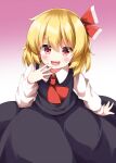  1girl ascot black_skirt black_vest blonde_hair blush collared_shirt commentary_request hair_ribbon highres long_sleeves looking_at_viewer medium_hair mesugaki open_mouth red_ascot red_eyes red_ribbon ribbon rumia ruu_(tksymkw) shirt skirt skirt_set smile solo touhou vest white_shirt 