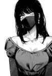  1girl absurdres bare_shoulders blush breasts chainsaw_man cleavage collarbone dress ear_piercing earrings greyscale hair_between_eyes highres jewelry looking_at_viewer mask medium_breasts medium_hair monochrome mouth_mask necklace off-shoulder_dress off_shoulder piercing sidelocks simple_background skull_necklace solo upper_body white_background yoru_(chainsaw_man) zovokia 