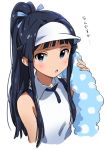  1girl bare_shoulders black_hair blue_eyes collared_shirt dani-ikapi hair_ribbon idolmaster idolmaster_million_live! long_hair looking_at_viewer mogami_shizuka open_mouth ponytail ribbon shirt solo sportswear sweat tennis_uniform upper_body very_long_hair visor_cap white_background white_shirt 