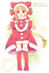  :d animal_hood bad_id bad_pixiv_id blonde_hair boots cat_hood christmas fang highres hood knee_boots long_hair matsusaka_gyuu merry_christmas open_mouth original red_eyes ribbon santa_costume smile solo tail tail_ribbon 