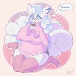 1:1 alolan_form alolan_vulpix anthro beverage biped blue_eyes clothed clothing dialogue eyewear female fur glasses hi_res nintendo pokemon pokemon_(species) regional_form_(pokemon) snackbunnii thought_bubble white_body white_fur