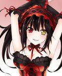  bad_id bad_pixiv_id bare_shoulders black_hair breasts clock_eyes date_a_live dress gradient gradient_background hairband heterochromia lolita_fashion lolita_hairband looking_at_viewer medium_breasts qiuzhi_huiyi red_eyes ribbon smile solo symbol-shaped_pupils tokisaki_kurumi twintails yellow_eyes 