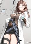  1girl assault_rifle between_breasts black_skirt blush breasts brown_eyes brown_gloves brown_hair brown_shirt coat commentary_request commission cup gibun_(sozoshu) glasses gloves gun highres holding holding_cup holding_gun holding_weapon holster lab_coat long_hair long_sleeves looking_at_viewer medium_breasts open_mouth original panties pink_panties pixiv_commission rifle round_eyewear shirt skirt solo standing starbucks strap_between_breasts tachi-e thigh_holster thighs underwear weapon white_coat 