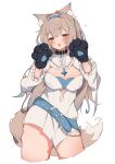  1girl absurdres animal_ear_fluff animal_ears animal_hands bandaid bandaid_hair_ornament belt belt_collar black_collar blonde_hair blue_belt blue_hair blush breasts cleavage cleavage_cutout clothing_cutout collar dog_ears dog_girl dog_paws dog_tail dress fuwawa_abyssgard fuwawa_abyssgard_(1st_costume) hair_ornament hairpin highres hololive hololive_english large_breasts long_hair looking_at_viewer multicolored_hair open_mouth short_dress sidelocks spiked_collar spikes streaked_hair tail tntl_nemui two_side_up virtual_youtuber white_background white_dress 