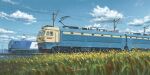  blue_sky chinese_text cloud cloudy_sky grass highres no_humans painting_(medium) power_lines railroad_tracks scenery shouhui_lang_qun signature sky summer traditional_media train utility_pole vehicle_focus 