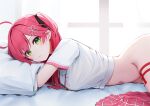  ahoge bed_sheet cherry_blossom_print cropped_shirt floral_print green_eyes hair_between_eyes hair_ornament hairpin head_on_pillow hololive looking_at_viewer lying mixed-language_commentary navel no_panties no_pants nyan_(reinyan_007) on_bed on_stomach one_side_up pink_hair pink_skirt pleated_skirt sakura_miko sakura_miko_(school_uniform) shirt short_sleeves skirt stomach thighs unworn_skirt virtual_youtuber white_shirt window_shade 