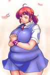  1girl blush breasts brown_hair fat huge_breasts obese original orizen ponytail solo 