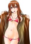  1boy bikini blush bra brown_eyes brown_hair bulge coat crossdressing erect_nipples exhibitionism eyebrows_visible_through_hair flashing fur_trim genshiken hato_kenjirou kiki_(pixiv) long_hair male_focus nipples open_clothes open_coat open_mouth panties penis_peek side-tie_panties solo swimsuit trap underwear wig 