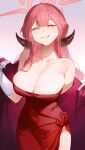  1girl absurdres aru_(blue_archive) aru_(dress)_(blue_archive) bare_shoulders biting_own_lip blue_archive breasts cleavage coat collarbone commentary covered_navel demon_horns dress halo highres horns large_breasts looking_at_viewer pink_hair red_coat red_dress serelith solo strapless strapless_dress sweatdrop 