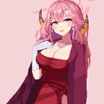  1girl aru_(blue_archive) aru_(dress)_(blue_archive) blue_archive blush breasts brown_coat brown_horns cleavage coat coat_on_shoulders collarbone demon_horns dress earrings gloves halo highres horns jewelry large_breasts long_hair looking_at_viewer necklace official_alternate_costume open_mouth pink_hair pink_halo pixel_art red_dress smile solo tinia_etru white_gloves yellow_eyes 