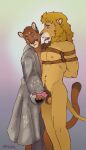 anthro bdsm bondage bound cougar duo felid feline floyote fur_coat hi_res lion male mammal masturbation pantherine restraints rope rope_bondage rope_harness standing