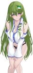  1girl 7saki blue_eyes breasts cleavage detached_sleeves frog_hair_ornament green_hair hair_ornament hair_tubes highres kochiya_sanae large_breasts long_hair midriff navel no_pants panties shirt smile snake_hair_ornament solo touhou underwear 