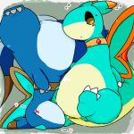 &lt;3 anthro ardest belly blue_body blush claws duo elphidran elphidran_aqua embarrassed insect_wings low_res overweight pal_(species) palworld pocketpair suggestive_pose teal_body upside_down wings