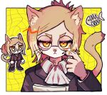  1girl adjusting_eyewear animal_ears ascot black_footwear black_jacket black_pants blonde_hair border cat_ears cat_girl cat_tail chibi claws fish_bone furry furry_female glasses glint highres hitoner holding holding_paper jacket jitome looking_at_viewer pants paper ponytail portrait round_eyewear shirt snout tail tonerico uminosoko44 whiskers white_ascot white_border white_shirt x_x yellow_background yellow_eyes 