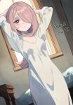  1girl artist_name bed closed_mouth domdom hair_over_one_eye light_frown little_witch_academia long_hair nightgown pale_skin purple_hair red_eyes solo sucy_manbavaran white_nightgown window 