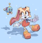  1girl 1other angiethecat blue_background blue_ribbon brown_eyes chao_(sonic) cheese_(sonic) cream_the_rabbit dress furry furry_female gloves highres looking_at_another neck_ribbon open_mouth orange_dress orange_footwear ribbon shadow shoes signature simple_background sonic_(series) white_gloves 