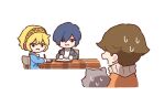  1girl 2boys aegis_(persona) amada_ken animal blonde_hair blue_hair brown_hair casual chair dog dorkdragoon from_behind hairband koromaru_(persona) multiple_boys pencil persona persona_3 sitting staring sweatdrop table yuuki_makoto_(persona_3) 