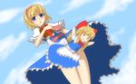  :o alice_margatroid apron blonde_hair blue_eyes blue_sky book bow capelet censored cloud convenient_censoring day dress grimoire grimoire_of_alice hair_bow hairband hima38 motion_blur photobomb ribbon sash shanghai_doll short_hair short_sleeves sky solo touhou waist_apron wind 