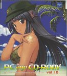  1girl beach bikini black_hair breasts flower hair_flower hair_ornament hat long_hair muvluv muvluv_alternative purple_eyes sendou_yuzuka solo swimsuit tan tanline tattoo 