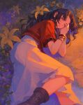  1girl absurdres aerith_gainsborough bracelet brown_hair dress final_fantasy final_fantasy_vii final_fantasy_vii_remake flower green_eyes highres iamc95 jacket jewelry long_hair looking_at_viewer lying on_grass on_side red_jacket short_sleeves solo white_dress yellow_flower 