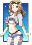  1girl artist_logo black_bra blonde_hair blue_eyes blue_shorts bra breasts casual commentary cowboy_shot cropped_shirt cutoffs denim denim_shorts eyewear_on_head girls_und_panzer grey_panties grey_shirt grey_thighhighs grin hair_intakes heart highres ichijou_takakiyo kay_(girls_und_panzer) large_breasts long_hair looking_at_viewer medium_hair micro_shorts navel one_eye_closed panties revealing_clothes shirt shirt_overhang short_sleeves shorts smile solo sports_panties standing striped_clothes striped_thighhighs sunglasses t-shirt thighhighs underboob underwear 