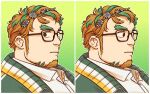  1boy absurdres averting_eyes bara blank_stare bpzeep chiseled_face collared_shirt empty_eyes facial_hair flower glasses goatee green_background green_hair hair_flower hair_ornament highres hippolytus_(housamo) light_brown_hair long_sideburns male_focus meme meme_request multicolored_hair multiple_views plump portrait shirt short_hair sideburns sideburns_stubble sideways_glance split_screen streaked_hair stubble thick_eyebrows tokyo_afterschool_summoners two-tone_beard 