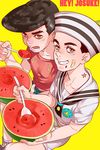  bandage_on_face black_hair brown_eyes child dixie_cup_hat eating emg_(christain) food fruit hat higashikata_jousuke higashikata_jousuke_(jojolion) jojo_no_kimyou_na_bouken jojolion military_hat multiple_boys namesake pompadour shorts watermelon younger 
