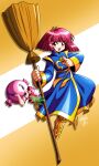  1990s_(style) 2girls blue_robe blunt_bangs bob_cut broom cotton_(character) cotton_(game) danmakuman fairy fairy_wings highres holding holding_broom long_hair long_sleeves looking_at_viewer multiple_girls open_mouth pointing pointing_at_viewer red_eyes red_hair retro_artstyle robe short_hair signature silk_(cotton) simple_background size_difference smile wings yellow_footwear 